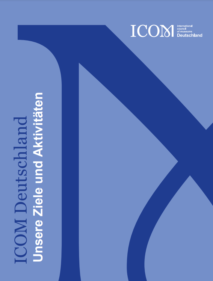 Cover der Publikation von ICOM Deutschland mit dem Titel 'Unsere Ziele und Aktivitäten', blaues Design mit großem Logo.