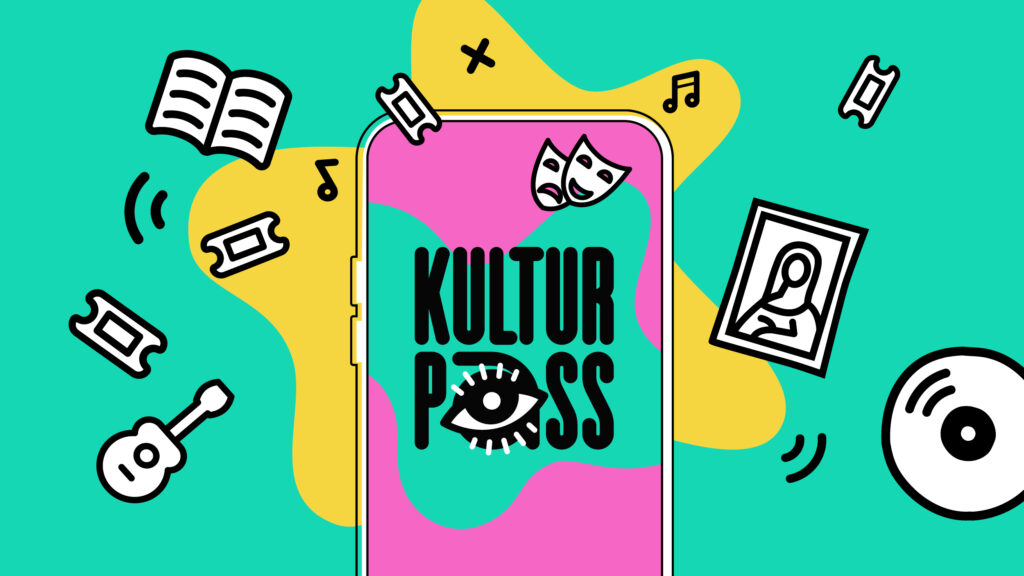 Logo des Kulturpass mit buntem Hintergrund, umgeben von Symbolen für Kultur wie Bücher, Musiknoten und Theatermasken.