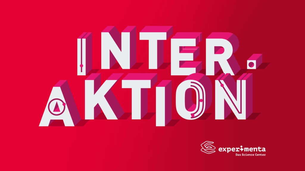 Weißer 3D-Text 'INTERAKTION' auf rotem Hintergrund mit Logo und Schriftzug 'experimenta Das Science Center'