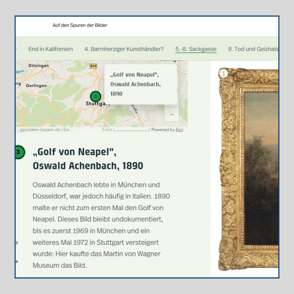 Ausschnitt einer Webseite mit Text über das Gemälde »Golf von Neapel« von Oswald Achenbach aus dem Jahr 1890 und einer kleinen Landkarte mit Markierung bei Stuttgart